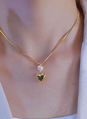 韩国珍珠爱心项链女网红小众设计感高级感双层锁骨链2024年新款潮