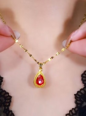 时尚红色水晶榴莲水滴项链网红爆款气质轻奢百搭小众设计感项链女