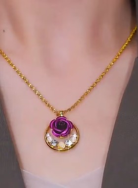 小众设计感镶钻紫色玫瑰花项链