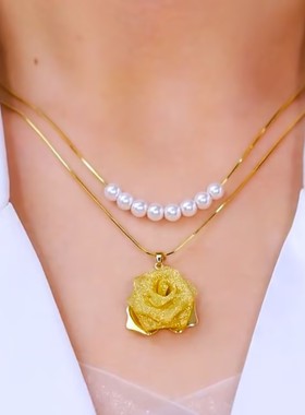 新款双层金色玫瑰花珠珠项链