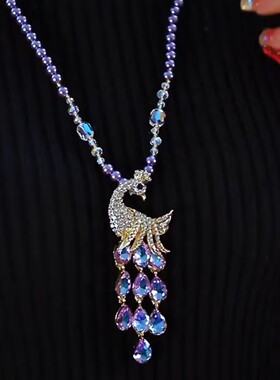 复古彩色孔雀长款毛衣链