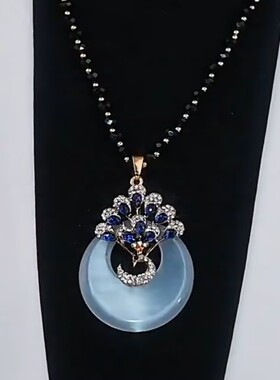 新款蓝色孔雀平安扣毛衣链时尚长款秋冬挂件配饰小众设计感毛衣链