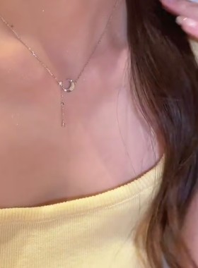 新款银色星月流苏项链