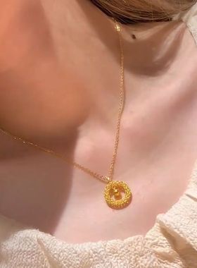 新款金色花丝镂空平安扣项链