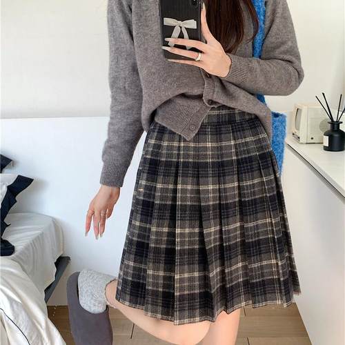 美式复古格子百褶裙学院风半身裙女冬款大码设计感中长款a字裙子 - 图2