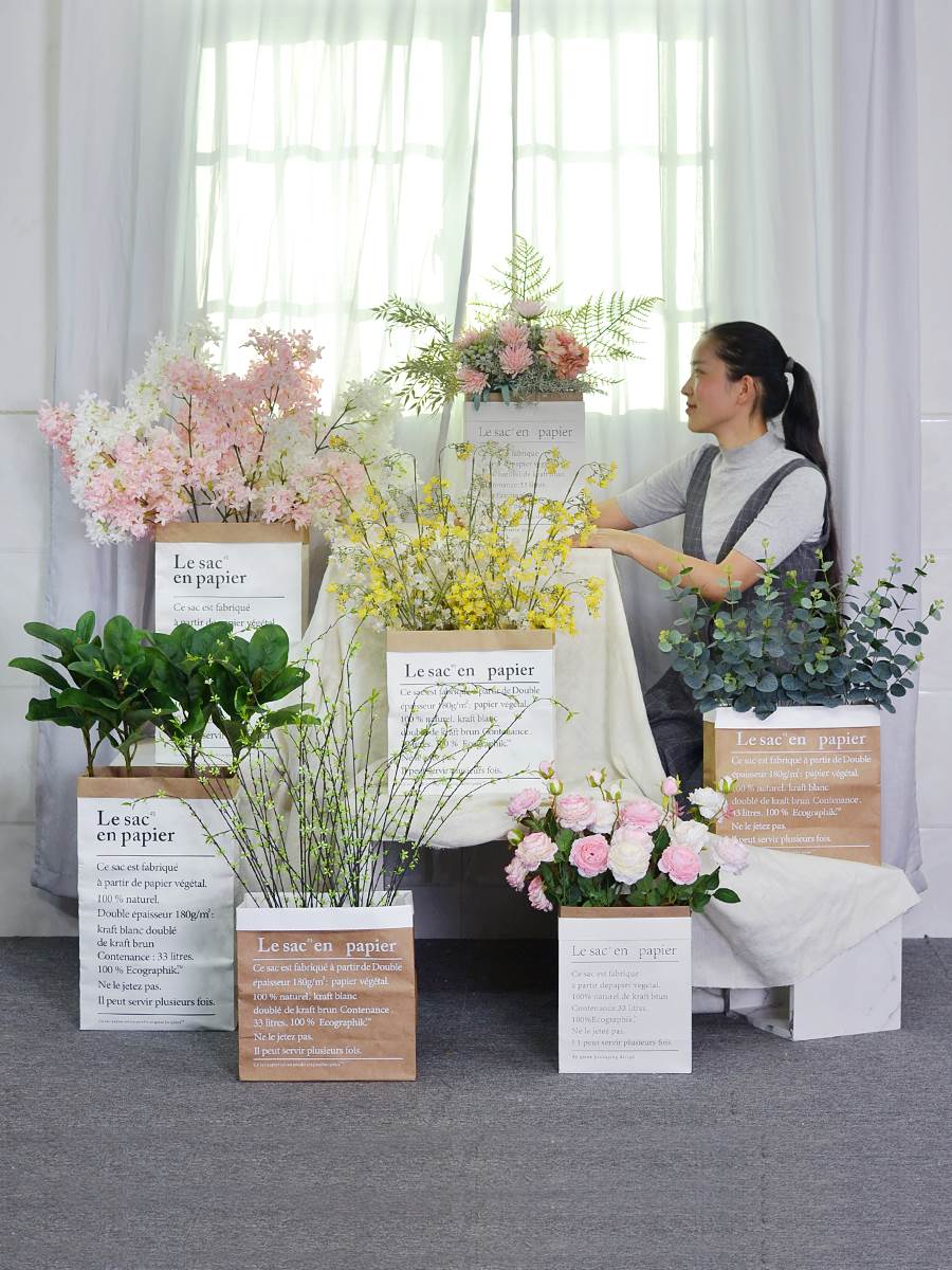 北欧牛皮纸袋仿真花假花尤加利叶绿植服装店花店落地橱窗装饰摆件-图0