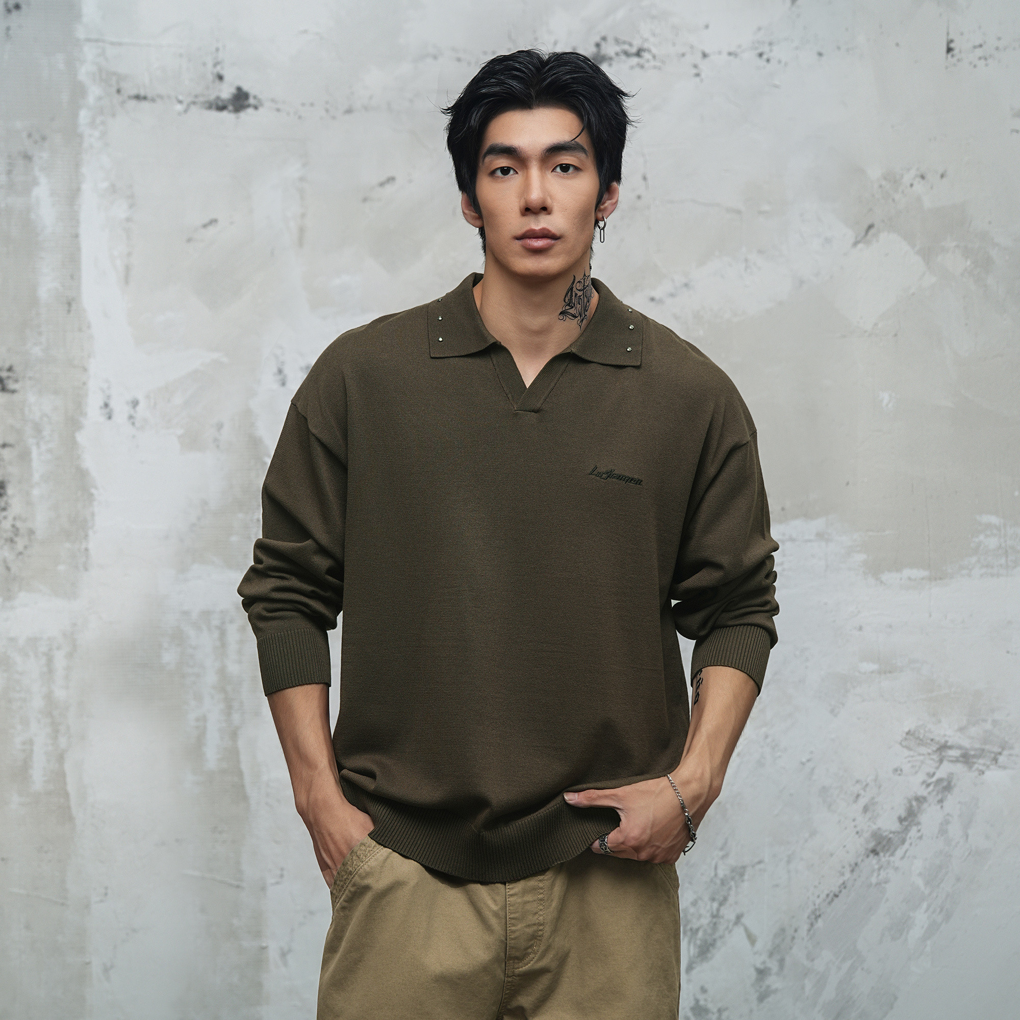 鹿家门宽松大码长袖POLO衫男清爽透气毛织打底衫运动健身长袖T恤,淘宝优惠券,粉丝福利购,淘宝优惠卷