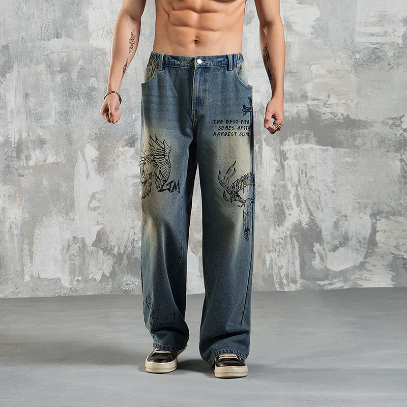 鹿家门新款原创印花水洗做旧牛仔裤休闲宽松大码男士运动长裤健身,淘宝优惠券,粉丝福利购,淘宝优惠卷