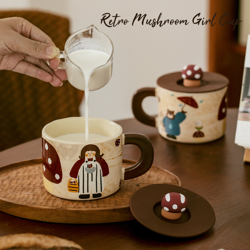 复古蘑菇女孩杯子马克杯带盖可爱水杯家用陶瓷杯女生早餐杯咖啡杯 - 图2