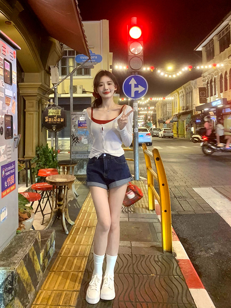 一颗甜桃yikett《曼谷辣妹》真两件长袖开衫吊带上衣+牛仔短裤女,淘宝优惠券,粉丝福利购,淘宝优惠卷