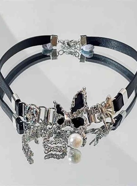 小众颈链欧美式辣妹黑色蝴蝶项链y2k锁骨颈链chocker项圈皮质女