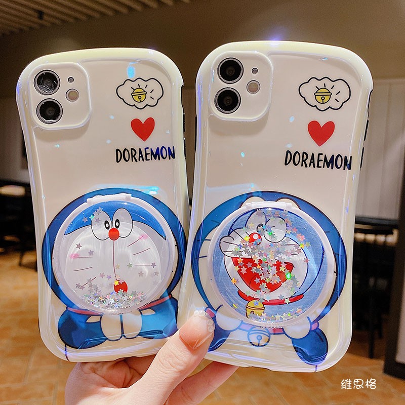 哆啦A梦适用苹果xr手机壳iPhone11promax蓝光xs爱心12mini流沙xmax镜子se2可爱7p卡通8plus带镜面补妆镜硅胶i - 图0