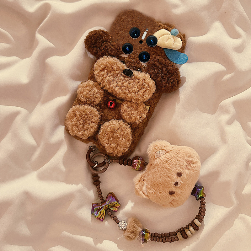 毛绒款泰迪适用华为mate60手机壳mete70pro+带挂链40e立体30epro小狗20x棕色10秋冬9毛茸50rs保时捷huawei十p - 图2