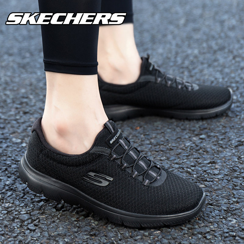 Skechers斯凯奇全黑色跑步鞋女鞋轻便透气网面休闲运动鞋官方正品-图1