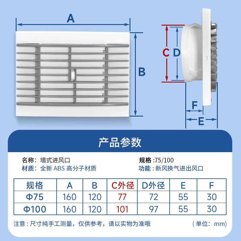 ABS方形带过滤网新风口窗式墙式进出风口可调节家用新风系统配件,淘宝优惠券,粉丝福利购,淘宝优惠卷