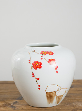 陶瓷花瓶景德镇手绘红梅花写景乡情三件套家居客厅装饰品干花摆件
