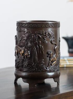五虎铜笔筒摆件创意工艺品 覆古教师节礼品 办公室桌面书房摆设