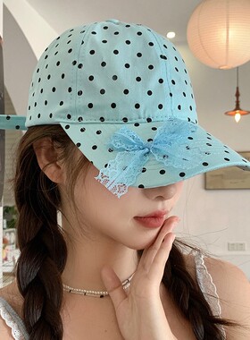 蝴蝶结波点棒球帽女韩版百搭显脸小鸭舌帽宽帽檐大头围软顶帽子
