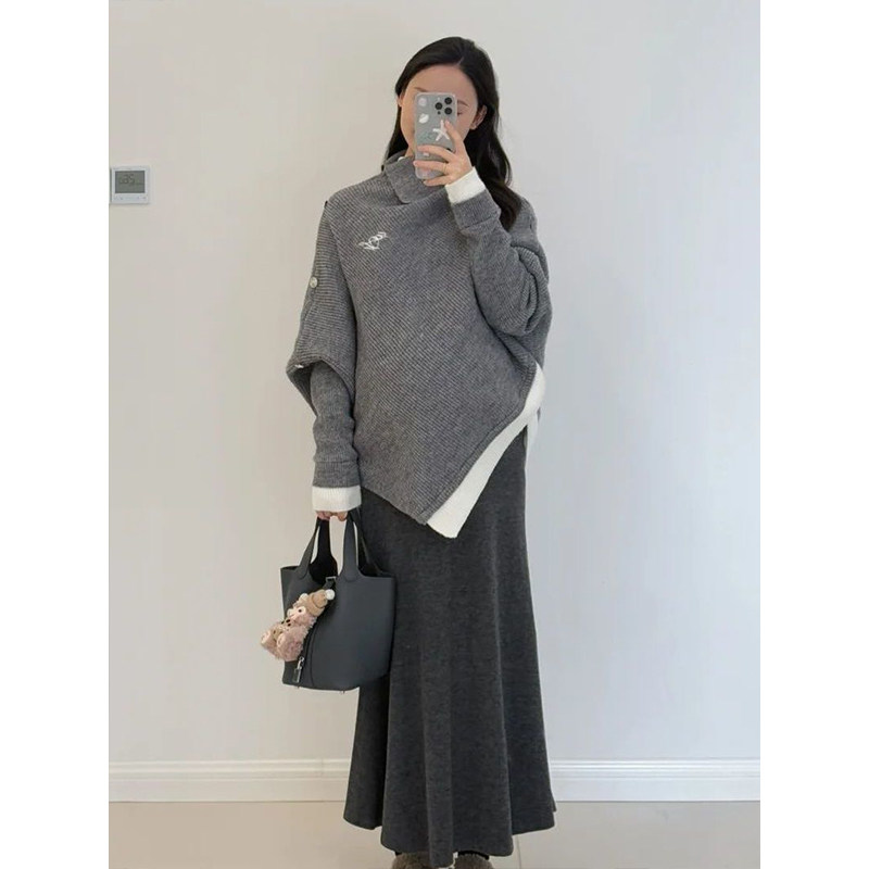 高级感原创时尚气质不规则斗篷灰色毛衣女毛呢半身裙慵懒韩系套装,淘宝优惠券,粉丝福利购,淘宝优惠卷