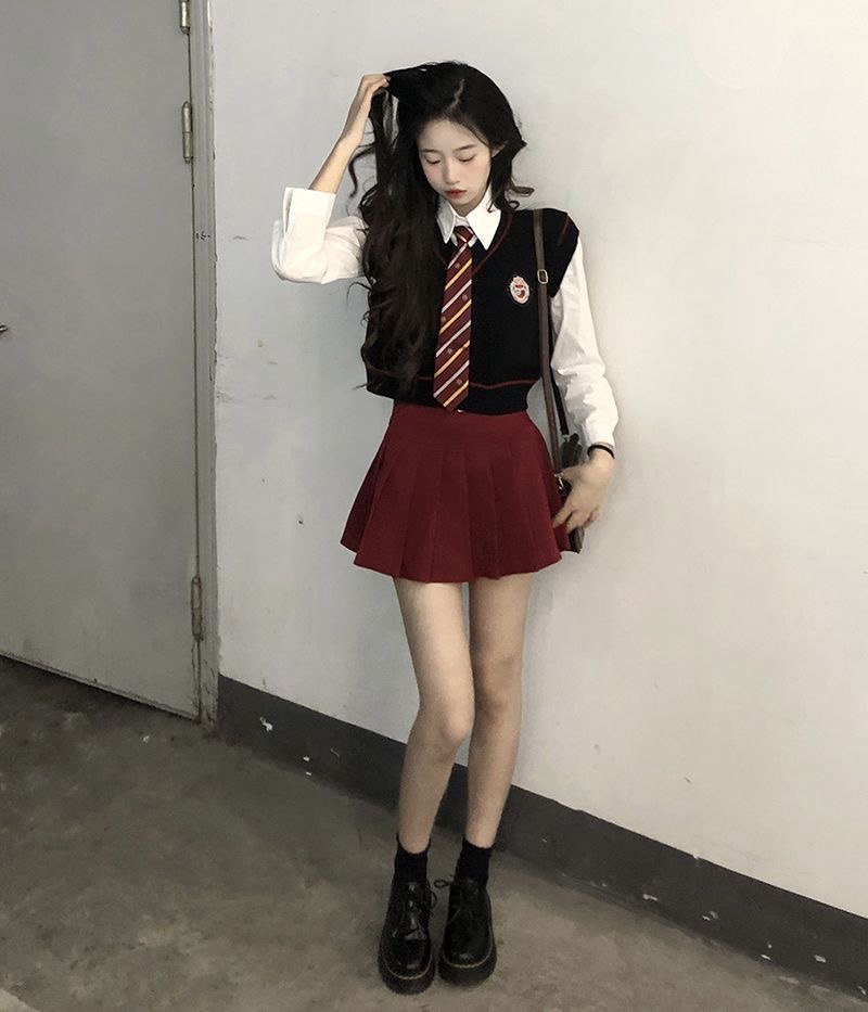 韩系辣妹学院风jk制服套装女装春季领带衬衫针织马甲半身裙三件套