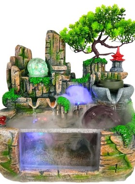 招财风水轮假山流水喷泉摆件带鱼缸家居装饰品客厅装饰树脂工艺品