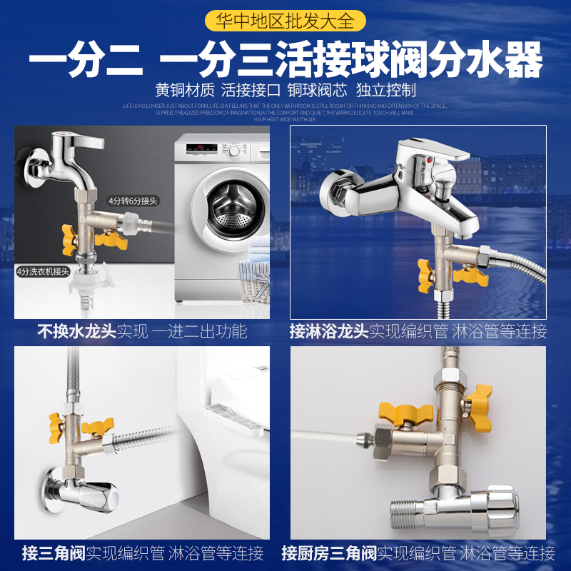 热水器三通分水阀门带开关一进二出角阀四通水管接头分流器一分二-图1