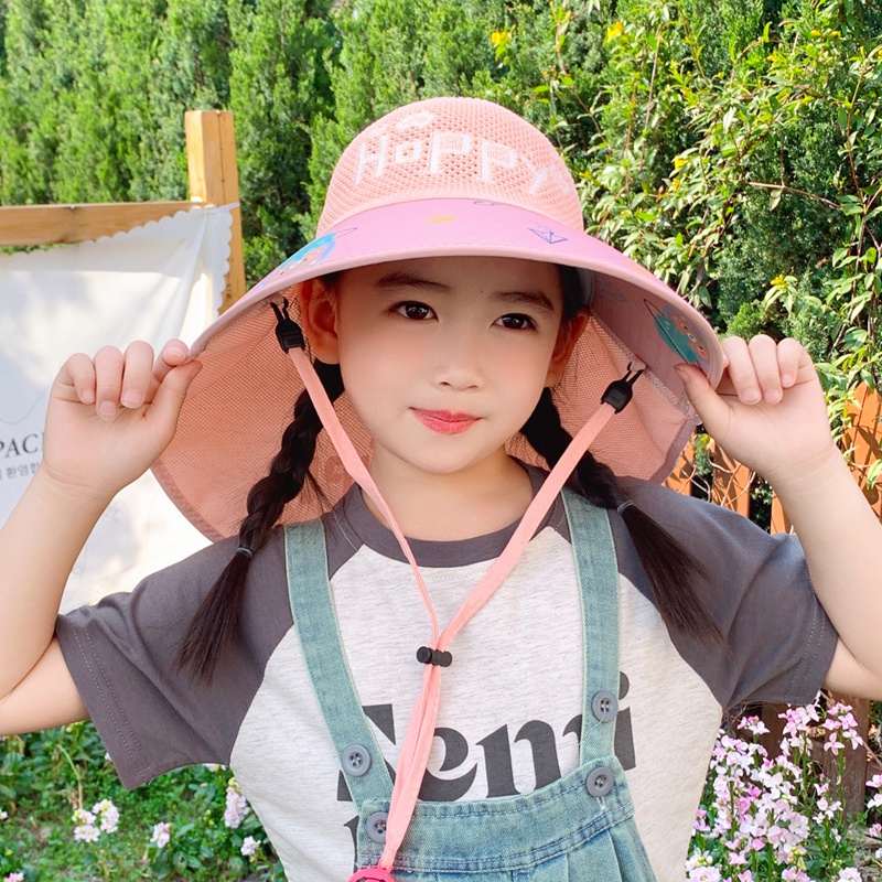 儿童帽子夏季遮阳新款卡通网眼空顶太阳帽男女童防晒帽大檐披肩帽