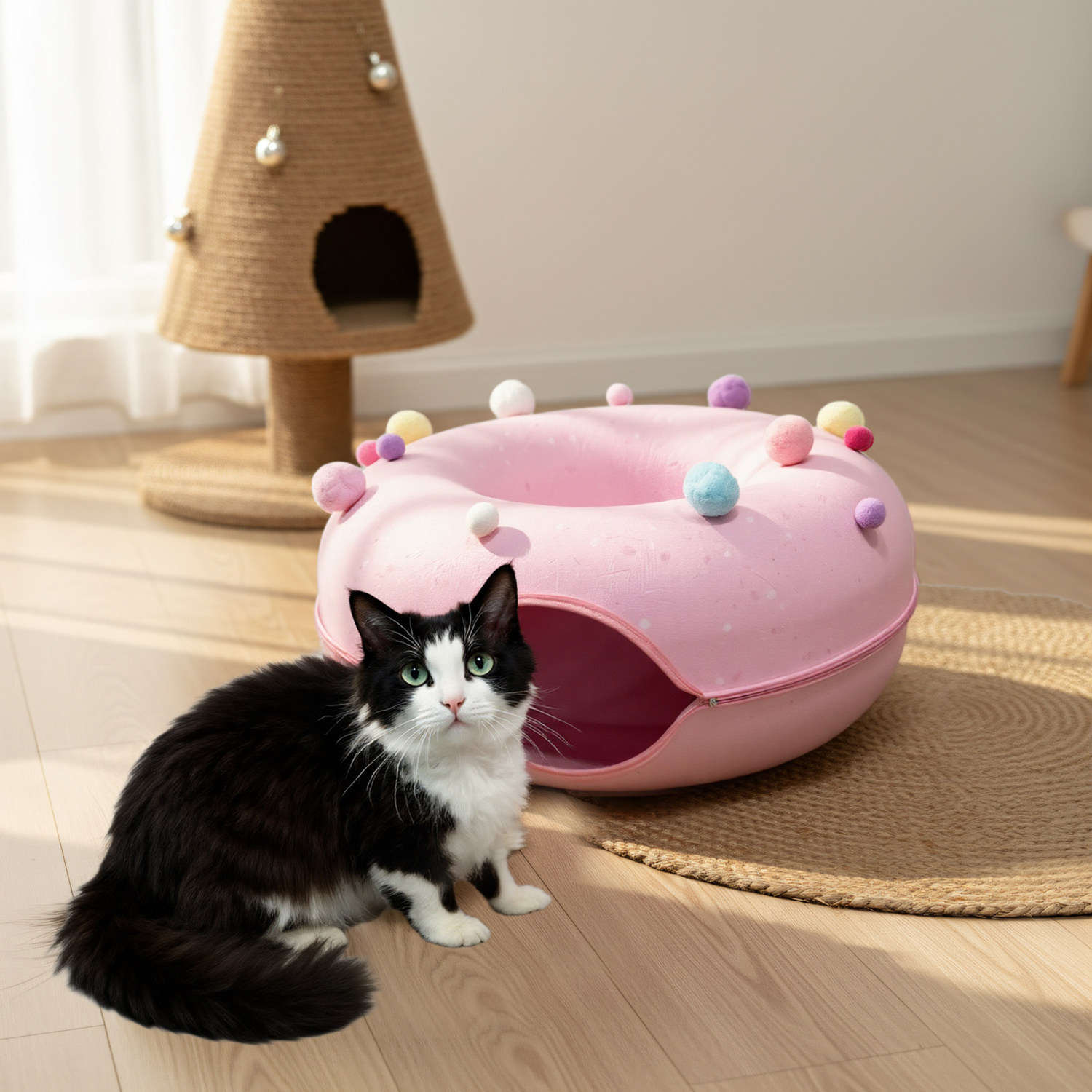 Roshin粉色猫窝毛毡猫咪隧道猫玩具甜甜圈猫窝德文猫甜甜圈猫窝,淘宝优惠券,粉丝福利购,淘宝优惠卷