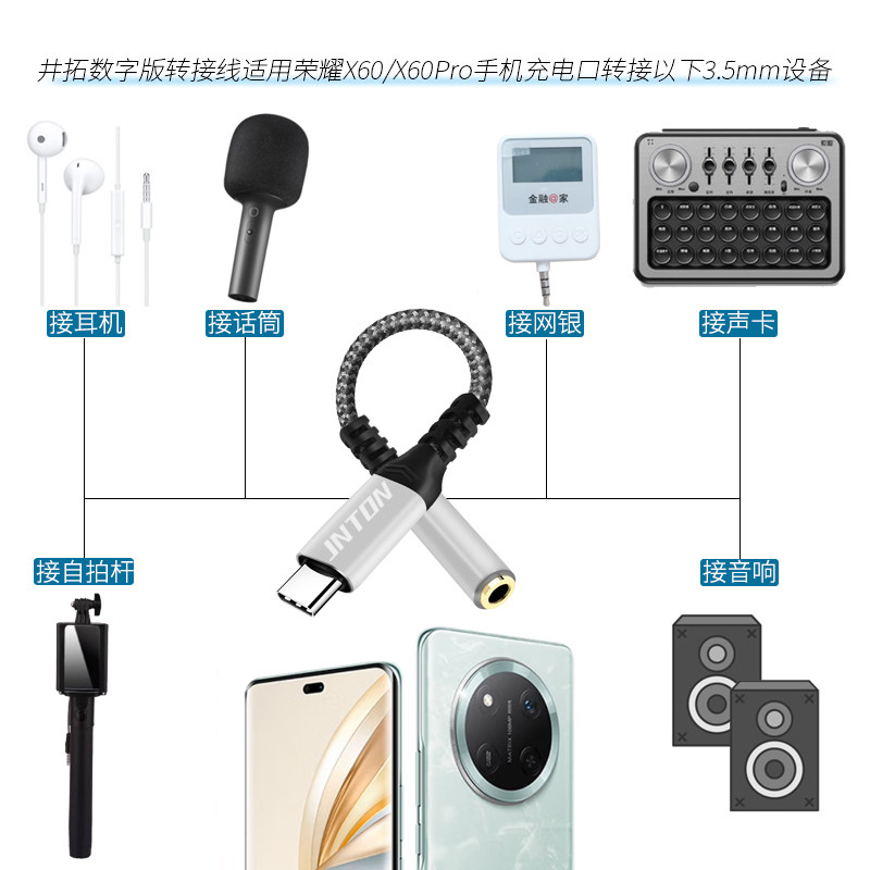 井拓 适用华为荣耀X60 X60i X60PRO手机专用数字解码转换器TYPE-C转3.5音频耳机转接线连麦克风声卡K歌网银