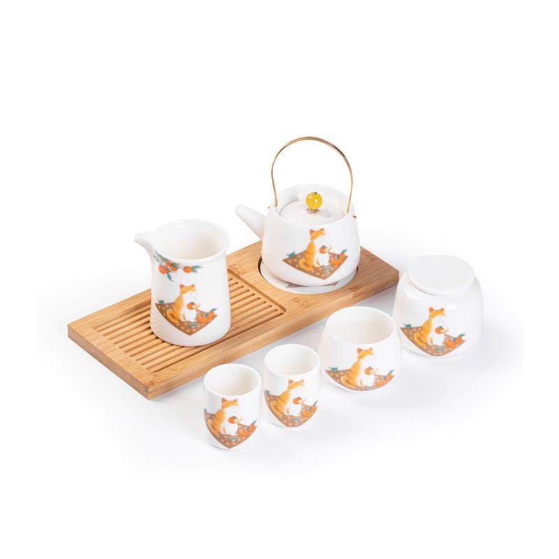 羊脂玉瓷功夫茶具提梁壶可爱橘猫茶壶茶杯一壶两杯三杯干泡小套组,淘宝优惠券,粉丝福利购,淘宝优惠卷