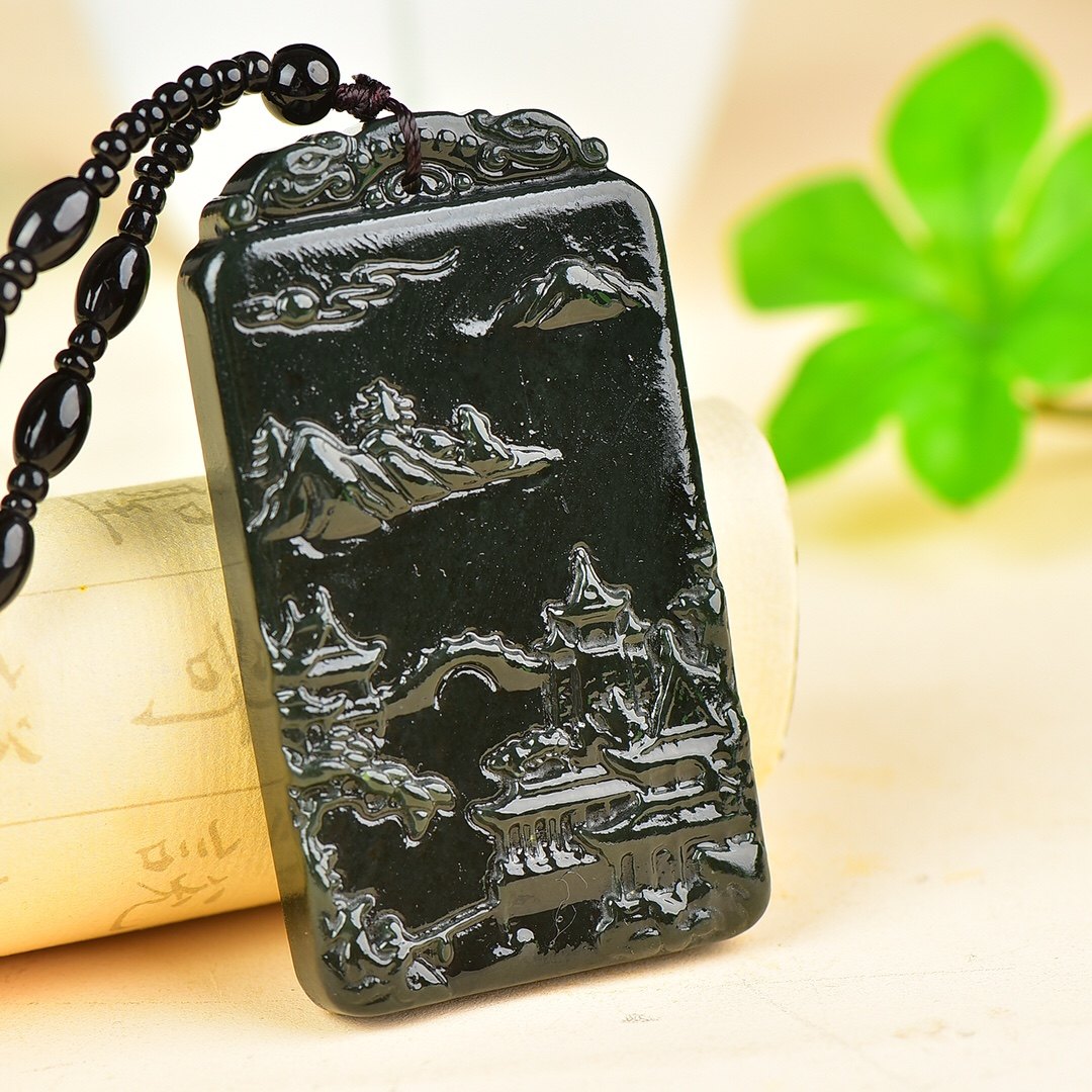 新疆和田玉墨玉山水牌吊坠男女款黑青玉山水挂件玉佩毛衣链配证书,淘宝优惠券,粉丝福利购,淘宝优惠卷