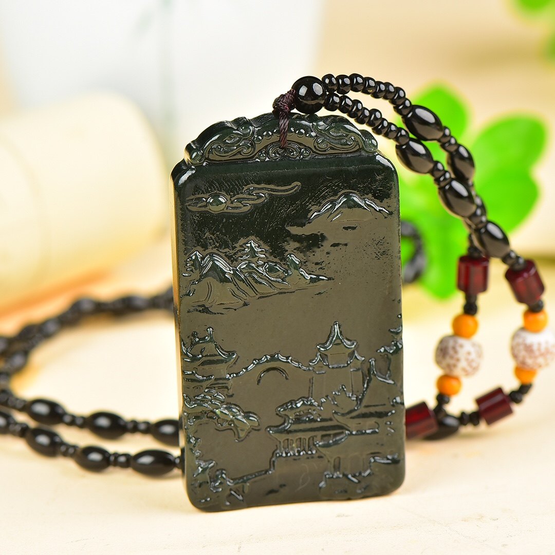 新疆和田玉墨玉山水牌吊坠男女款黑青玉山水挂件玉佩毛衣链配证书,淘宝优惠券,粉丝福利购,淘宝优惠卷