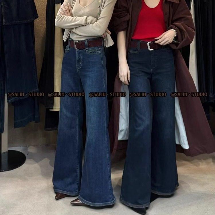 SALIN莎琳7701巨显瘦加绒复古港风微喇不贴腿牛仔裤弹力直筒长裤,淘宝优惠券,粉丝福利购,淘宝优惠卷