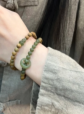 天然绿檀木和田玉6mm双圈手串转运木质文玩静心佛珠显白女款手链