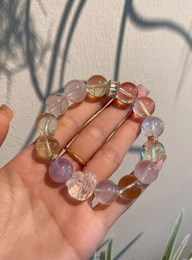 天然白水晶柠檬晶紫水晶多宝手链搭配招财醒狮手串高级轻奢送闺蜜