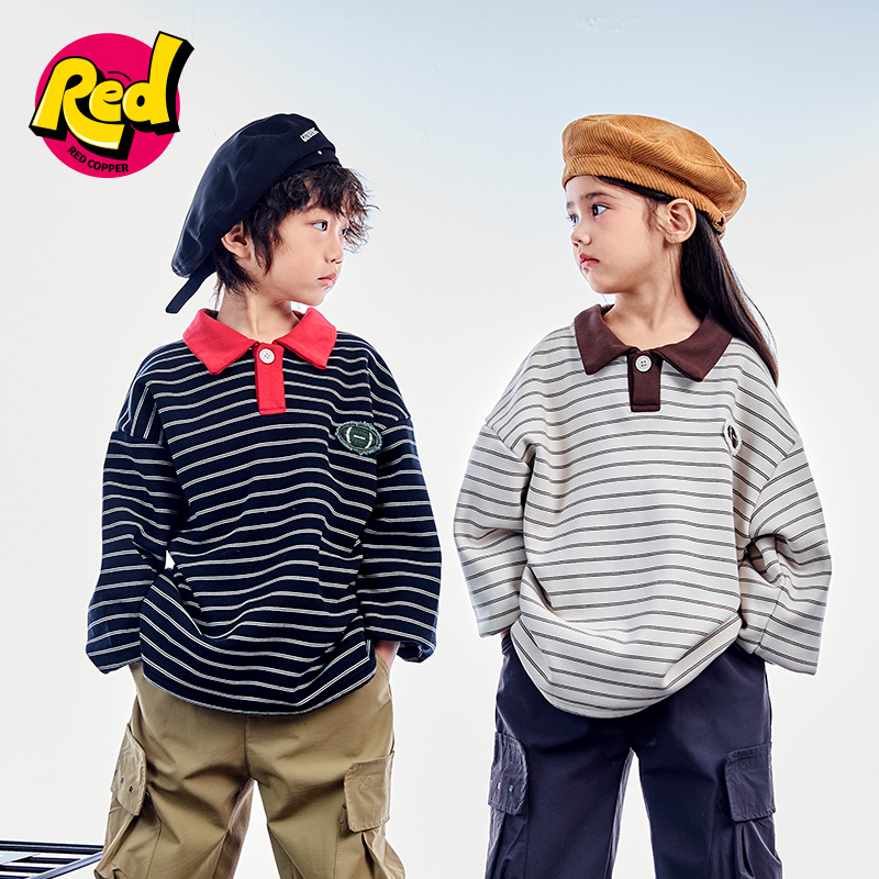 redcopper童装男女童2024秋冬新款上衣儿童美式polo衫加绒长袖T恤