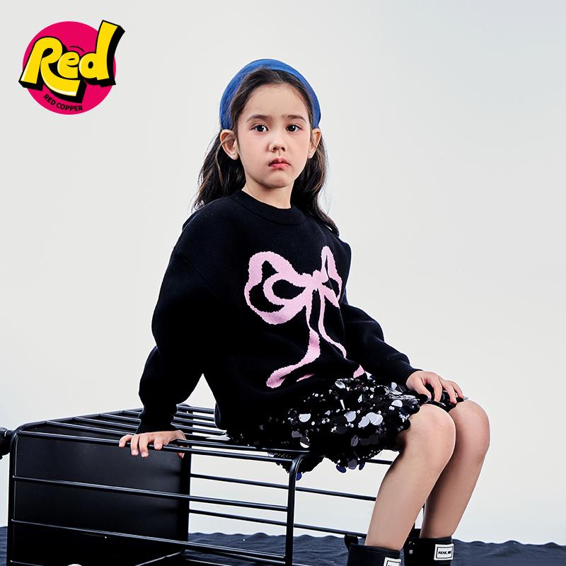 redcopper童装2024新款秋冬季洋气儿童上衣女童套头蝴蝶结毛衣潮