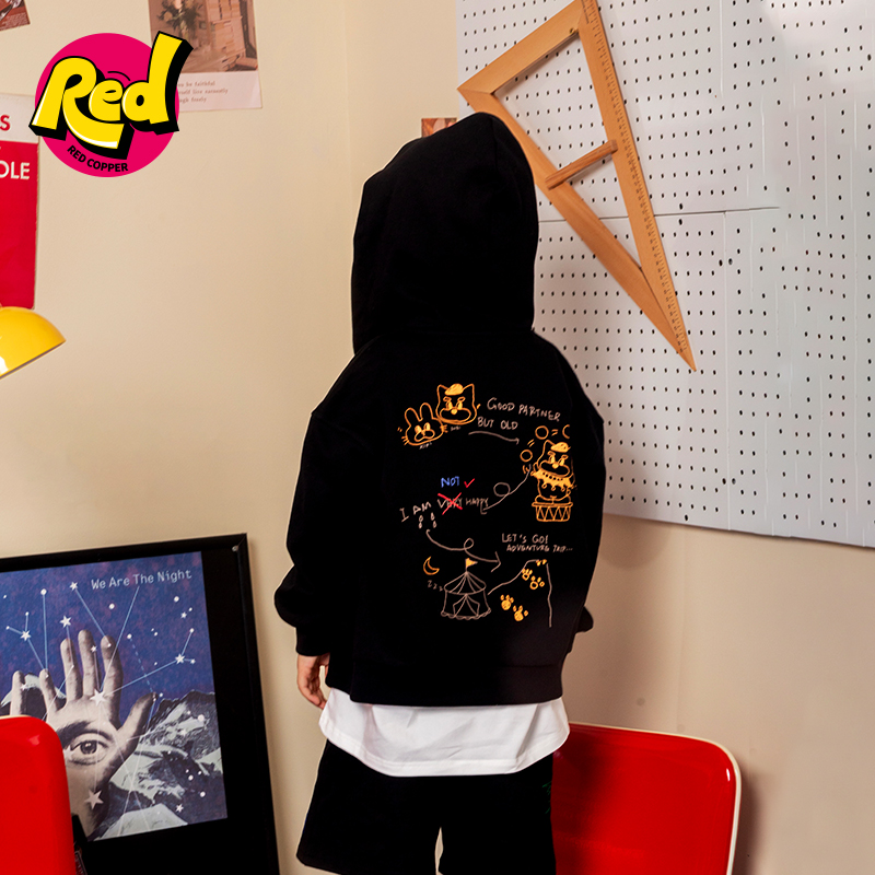 redcopper儿童2024秋冬新款儿童休闲上衣男童手绘印花连帽卫衣潮