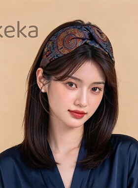 藏蓝宝相纹织锦扭结发箍传统宝相花纹提花复古国风旗袍汉服发箍