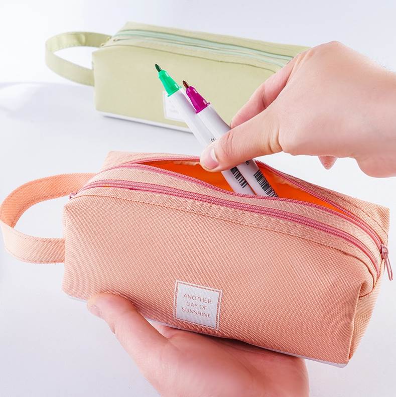 2538创意简约清新大容量笔袋双层帆布多功能纯色铅笔盒学生文具袋 - 图0