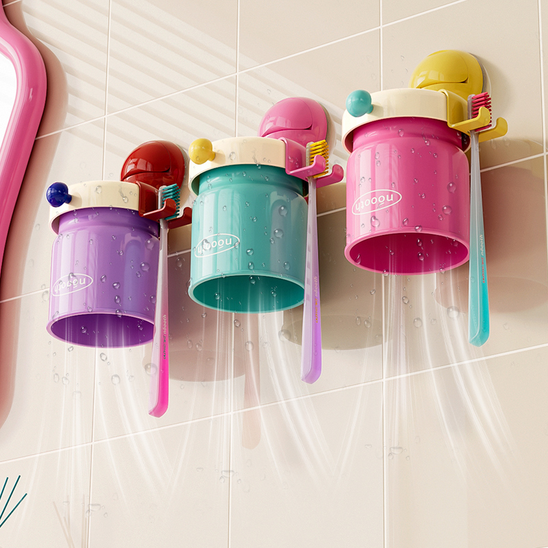 吸盘牙刷置物架漱口杯套装卫生间家用挂壁式免打孔磁吸洗漱杯杯架 - 图0