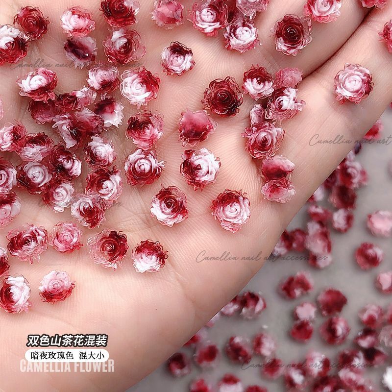 新款双色暗夜玫瑰山茶花美甲饰品辣妹风玫瑰花大小指甲DIY装饰钻-图0