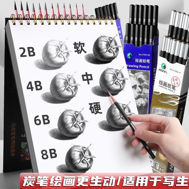 马利素描铅笔绘画碳笔初学者美术生专用速写2h6b8b14b炭笔软中硬绘图2比4b美术用品马力牌12b画画套装hb工具 - 图1