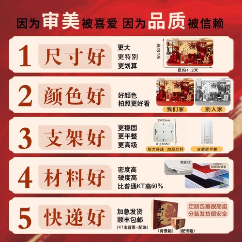 订婚宴布置装饰女方家里新中式摆台全套红金高级感场景kt板背景墙 - 图3