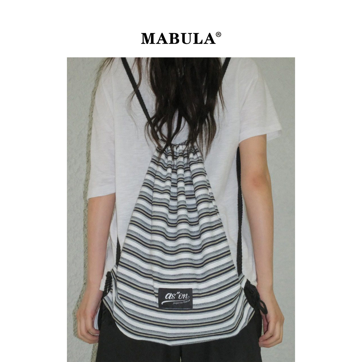 MABULA韩版条纹抽绳双肩收纳包男女2026春季休闲帆布包通勤健身包,淘宝优惠券,粉丝福利购,淘宝优惠卷