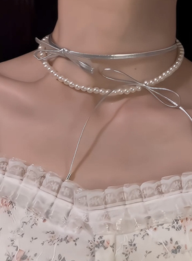 银啦！赛博朋克风银色皮绳蝴蝶结项链甜酷风设计感小众双层锁骨链