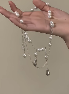 双层叠戴吊坠项链水滴泪滴珍珠