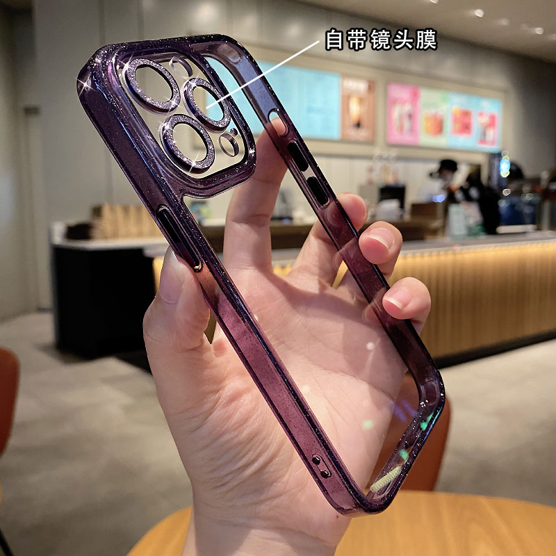 自带镜头膜闪粉苹果14pro手机壳透明iphone13新款14硅胶网红闪钻