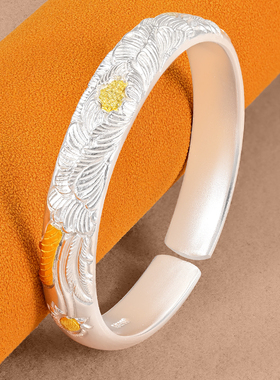 银千造 嵌金牡丹花足银999实心开口纯银手工银镯子国风款妈妈银镯