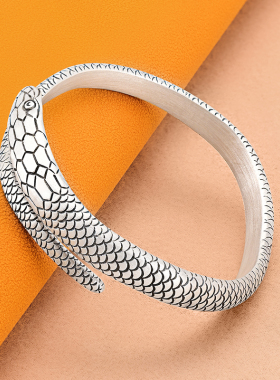 999足银原创手工新款蛇形生肖手镯男女款古法做旧雕花开口民族风